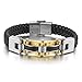 Men's Stainless Steel Genuine Leather Bracelet Bangle CZ Gold Tone Black