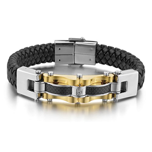Men's Stainless Steel Genuine Leather Bracelet Bangle CZ Gold Tone Black