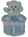 Blue Bear 1 Tier Diaper Cake w/ Pampers Swaddlers, 10 Kuddles Collection Bear, and Precious Cargo Baby Apparel