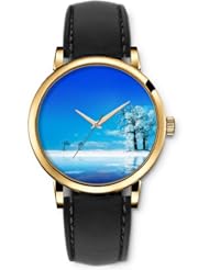 SPRAWL Aanalog Fashion Series Gold Ladies Watches of Genuine Black Leather Strap,Unique Wrist Watch for Women Girls Designed with White trees and blue sky