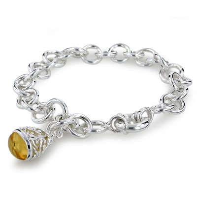 Sterling Silver Rolo Link w/Filigree Citrine Charm Bracelet 8