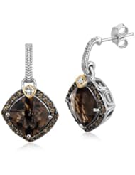 18K Yellow Gold and Sterling Silver Smokey Quartz and Coffee Diamond Earrings