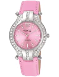 Q and Q Attractive ION-PLATED women Black Case with Rhinestones Pink Leather Band