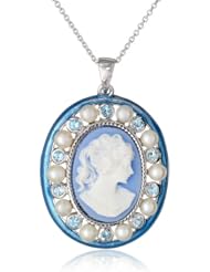 Sterling Silver Synthetic Baby Blue Topaz, Freshwater Cultured Pearl and Blue Cameo Pendant Necklace