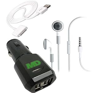 Malcom Distributors Black Dual USB Port Socket Cigarette Lighter DC Car Charger Adapter with USB Dock Connector and OEM Apple Headset Apple Earphones with Remote and Mic for Apple iPhone 3G 3GS 4.0 iPad iPod Nano 4th and 5th Generation iPod Classic 120GB 160GB