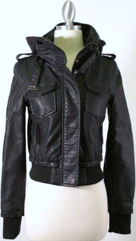 Black Faux Leather Bomber Jacket with Removable Knit Hood product image