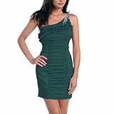 Teal Stretch Taffeta One Shoulder Cocktail Dress With Ruffled Top
