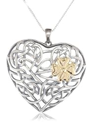 18k Yellow Gold Plated Sterling Silver Two-Tone Oxidized Celtic Heart Knot and Clover Pendant Necklace, 18"