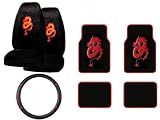 A Set of 4 Universal Fit Dragon Red Plush Carpet Floor Mats and 1 Comfort Grip Steering Wheel Cover and A Set of 2 Universal Fit Seat Covers