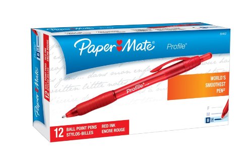 Paper Mate Profile Retractable Ballpoint Pens, 12 Red Ink Pens (89467)