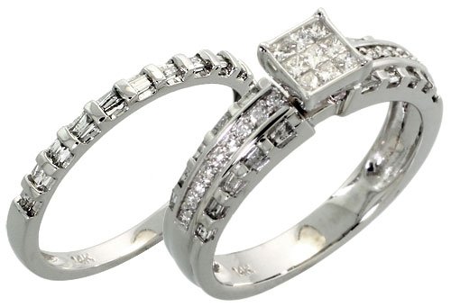 14k White Gold 2-Piece Wedding Ring Set, w/ 0.75 Carat Baguette, Brilliant Cut & Invisible-set Diamonds
