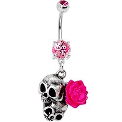 Pink Flower Dual Skull Belly Ring