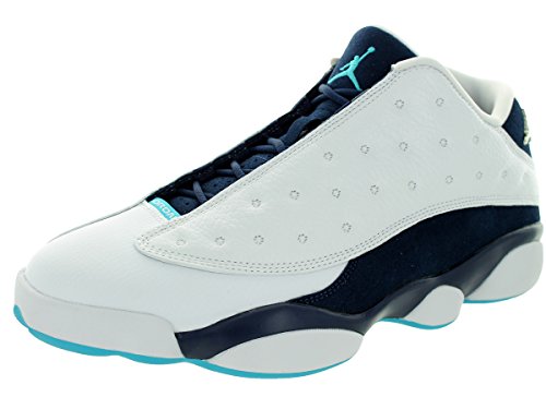 Jordan Men's Air 13 Retro Low, Hornets-WHITE/MTLLC SILVER-MIDNIGHT NAVY-TURQUOISE