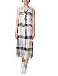 Sleeveless Linen Plaid Print Slit  Dress