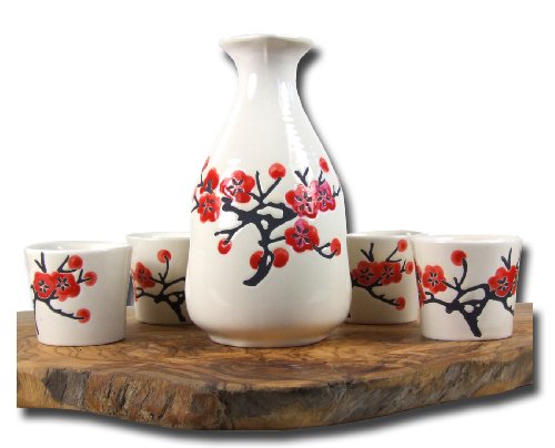 Sake set peach blossom white with four cups