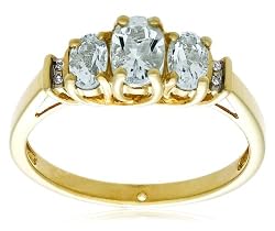 10k Yellow Gold March Birthstone 3-Stone Aquamarine Ring w/ Diamond Accent, Size 7