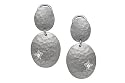 14K White Gold Hammered-Finish Matte Oval-Shape Drop Earrings, Enhanced with Bezel Set Star Diamonds.