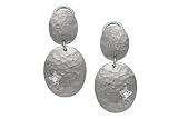 14K White Gold Hammered-Finish Matte Oval-Shape Drop Earrings, Enhanced with Bezel Set Star Diamonds.