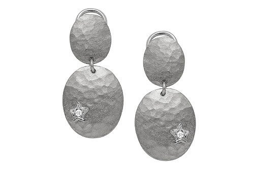 14K White Gold Hammered-Finish Matte Oval-Shape Drop Earrings, Enhanced with Bezel Set Star Diamonds.
