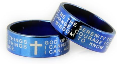 S21 Blue Serenity Prayer Stainless Steel Ring Jesus Christ AA 12 Step