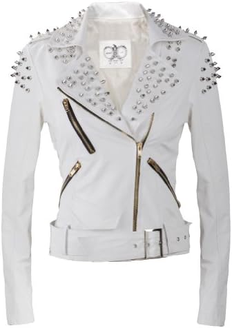 Lex Women's Stylish Studded Deep V Lapel Chic Leather Jacket White L
