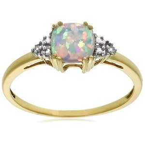 10k Yellow Gold, October Birthstone, Created Opal and Diamond Ring, Size 8 by