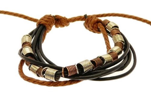 Neptune Giftware Mens Black 5 Leather Strap Surf Wristband Bracelet With Metal Coils & Brown Coloured Cord - 0023