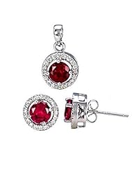 Sterling Silver 10mm Halo Jacket with 6mm Created Burmese Ruby Gemstone Cast Basket Stud Earring with Matching Pendant Gift Set, Rachel, 2.55 carats
