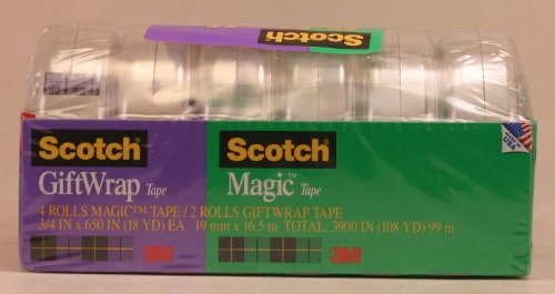Scotch 3M 4 Rolls Magic Tape/2 Rolls Gift Wrap Tape (3/4 IN x 650 IN - 18 YD Each - Total 3900 IN - 108 YD)
