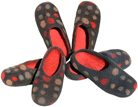 Zebu Authentic Felt Slippers, Big Dots Design, (unisex). Black/Brown with Multicolor Dots,9 B(M) US Women / 8 D(M) US Men