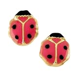 14K Yellow Gold Children's Pink Enamel Ladybug Earrings