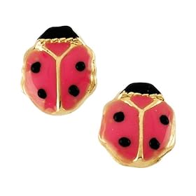 14K Yellow Gold Children's Pink Enamel Ladybug Earrings