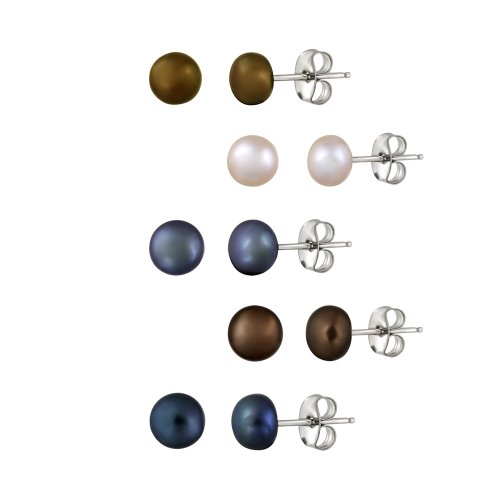 Stainless Steel 5.5-6mm Freshwater Culturered Pink, Peacock, Bronze, Brown, Dark Blue Pearl Stud Earrings, Set of 5