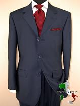 Gino Valentino Made in Italy Mens Suit 3 Button Canvas Front Jacket Flat Front Pants Business Suit Australian Merino Wool / Silk 150s Navy Blue