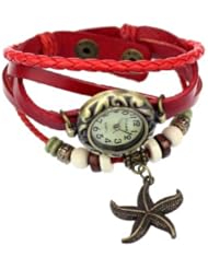Jim 1PC Vintage Trial Order New Quartz Starfish Weave Wrap Around Leather Bracelet Lady Woman Wrist Watch Red