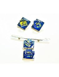 Handcrafted Pin & Earrings Set: Blue & Yellow Square Sterling Silver Pin & Clip Earrings