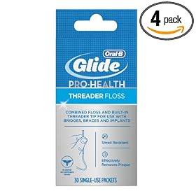 Glide Threader Floss, 30-Count Boxes of Single-Use Packets (Pack of 4)
