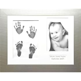Baby Hand & Footprint Kit with Silver Frame, White 3 mount, Black Inkless Wipe by BabyRice