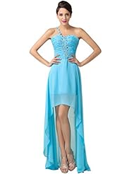 Ruched Beaded Sequined Lace-Up Sweetheart One Shoulder High-Low-Hem Acrylic/Chiffon/Satin Evening Dress/Prom Dress/Party Dress 