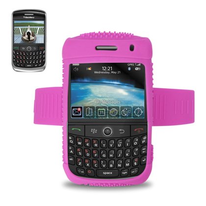 New Fashionable Perfect Fit Soft Silicon Gel Protector Skin Cover (Faceplate/Snap On) Rubber Cell Phone Case with Sports Armband for RIM Blackberry Curve 8900 AT&T, T-Mobile - Hot Pink