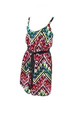 Junior V-neck Above the Knee Geometric Print Polyester Belted Sleeveless Elasticized   Waistline Mini Dress  With a Sash 