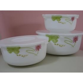 6 Pc Opal Glass Storage  Serving Bowls Flower Print with Lids by Uniware Houseware