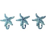 Starfish Wall Hangers Cast Iron Antique Blue - Set of 3 for Coats, Aprons, Hats, Towels, Pot Holders, More