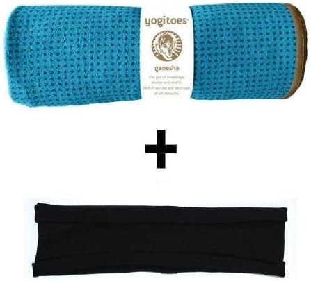Teal yogitoes® mat size SKIDLESS® yoga towel + black hband stretchy headband by Absolute Yogi