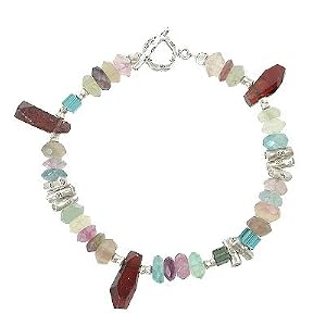 Red Garnet, Yellow Pink and Blue Fluorite, and Swarovski Austrian Crystal Gemstone Beaded Toggle Bracelet with Hill Tribe Sterling Silver Accent Beads, 7 1/2" Length, #8046