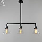 UNITARY BRAND Black Antique Rustic Glass Shade Hanging Ceiling Metal Pendant Light Max. 120W With 3 Lights Painted Finish