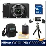 Nikon CoolPix S8000 Digital Camera (Black), 14.2 Megapixel, 10x, 30-300mm Equivalent Zoom, 3 LCD, 8 GB Memory Card, Card Reader, Deluxe Carrying Case, Tripod, and Lens Cleaning Kit