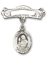 Sterling Silver Baby Badge with St. Clare of Assisi Charm and Arched Polished Badge Pin