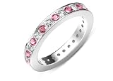 1.00cttw Natural White Round Diamond (SI-Clarity,GH-Color) & Natural Rhodolite Garnet (AA+-Clarity,Pink-Color) Channel with Prong Set Eternity Band in 14K White Gold.
