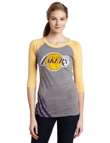 NBA Women's Los Angeles Lakers Originals Big Stripes Tri-Blend Three Quarter Raglan (Grey/Gold Heathered, Large)